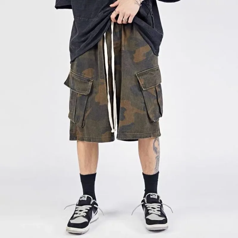 Oversize Men Vintage Camouflage Cargo Shorts Harajuku Streetwear Male New Summer Fashion Sports Casual Knee Lenght Short Pants