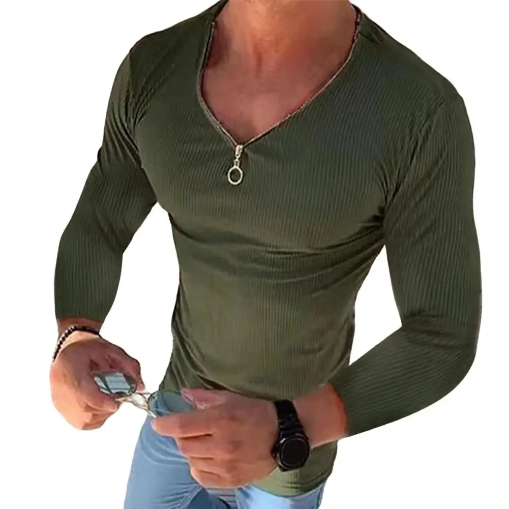 Men Shirt  Ribbed   Men T-shirt Pure Color Slim Fit Pullover T-shirt