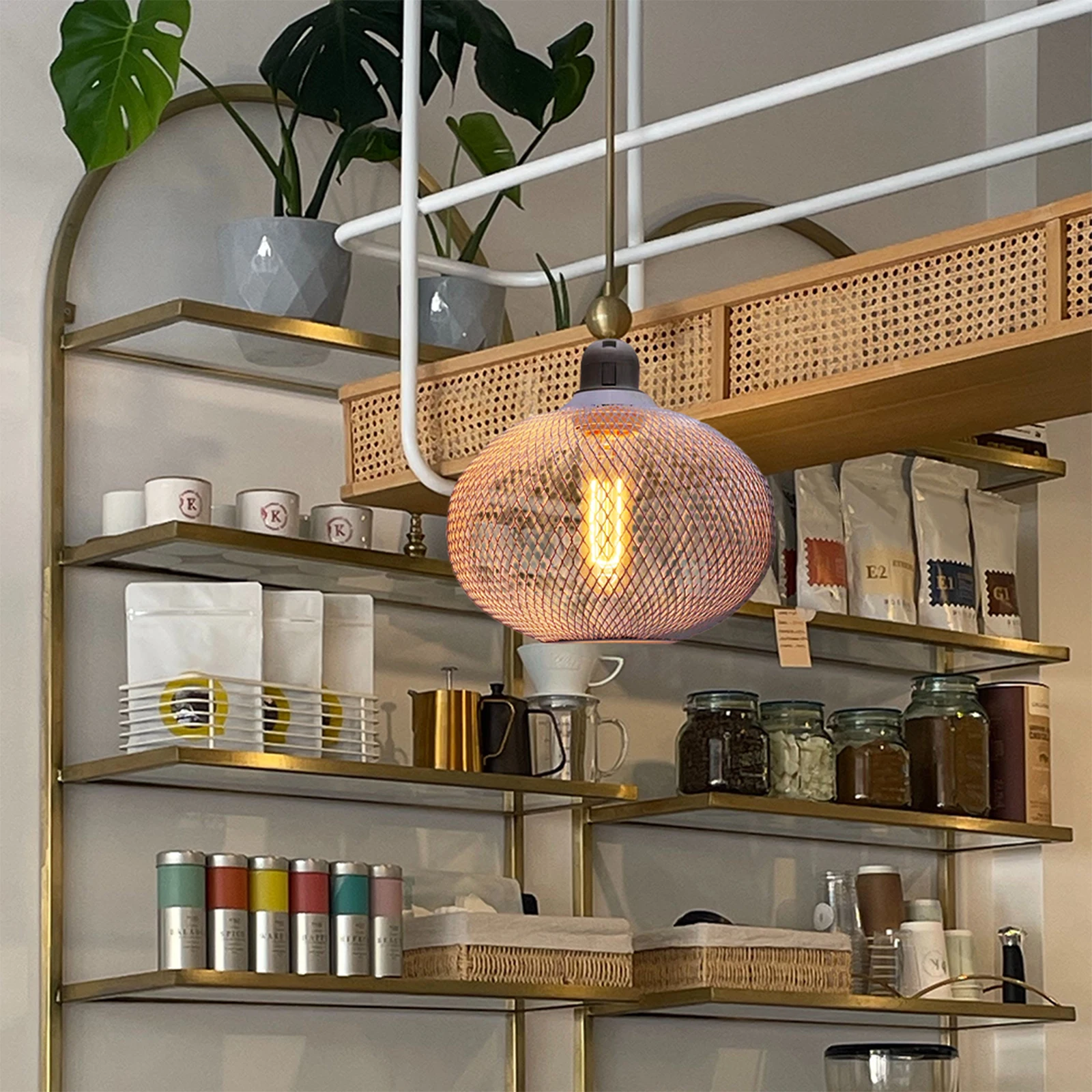 

Wrought Iron Pendant Lamp Shades 200x140mm White Round Bulb Guard Cage for Home Decor Hanging Light Fixture Replacement