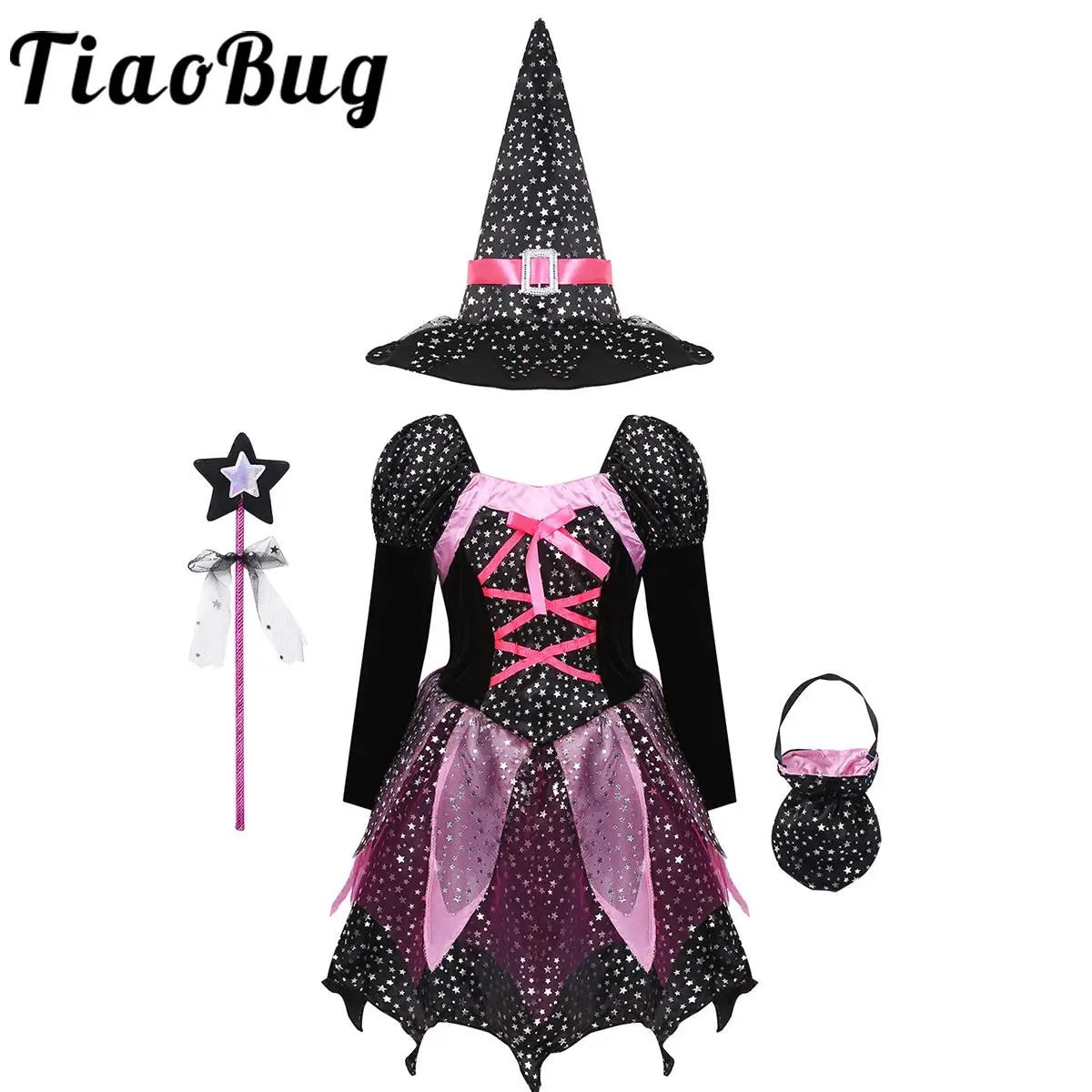 

Kids Girls Halloween Witch Costume Carnival Party Cosplay Sparkly Silver Stars Printed Mesh Princess Dress with Pointed Hat Wand