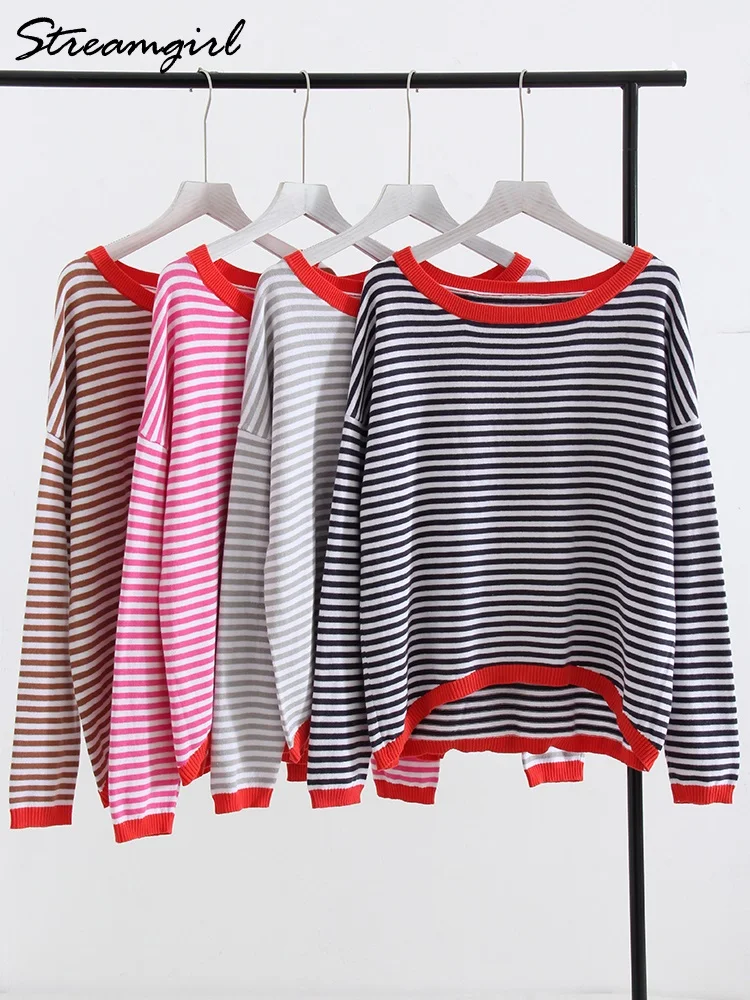 Long Sleeve Oversized Striped Tops For Women Thin Basic Loose Sweaters Spring Pullovers Women\'s Long Sleeve Tees Knitwears 2024