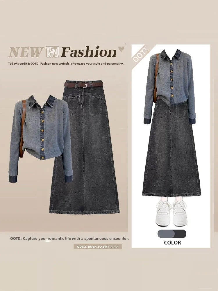 

Spring Korean Sle Women's Faion Set Age Reduction Splicing Denim Knitted irt with Retro Slimming f Skirt Two Piece Set