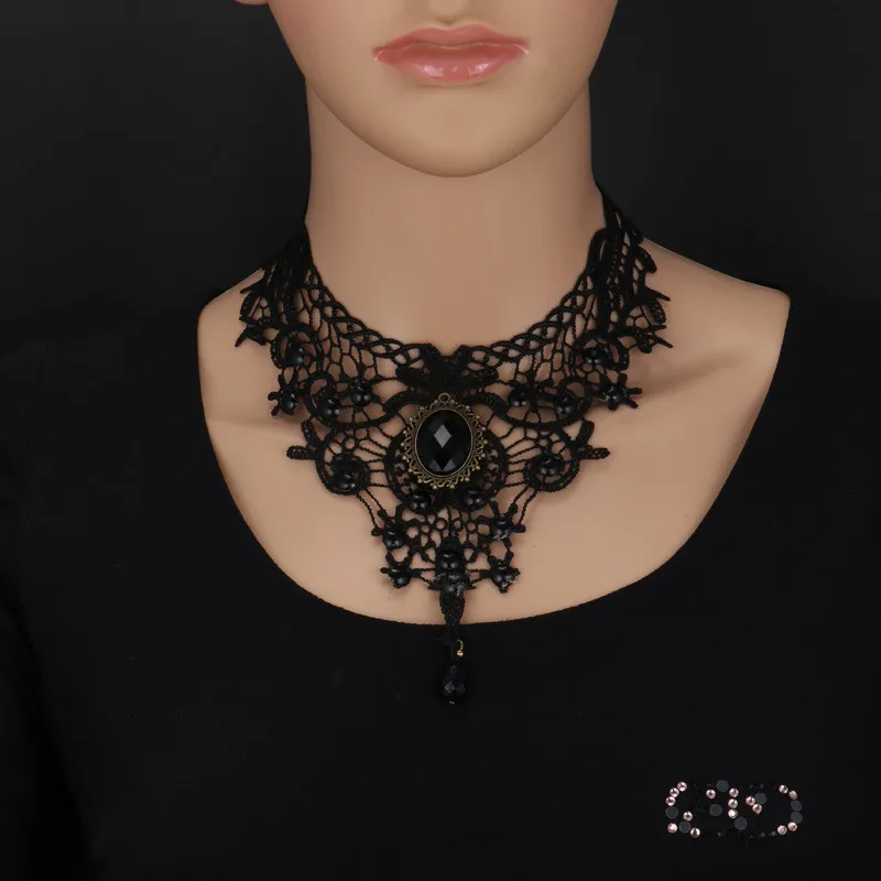 Gothic Victorian Black Lace Necklace for Women Water Drop Sexy Lace Choker Necklace Steampunk Collar Vintage Statement Jewelry