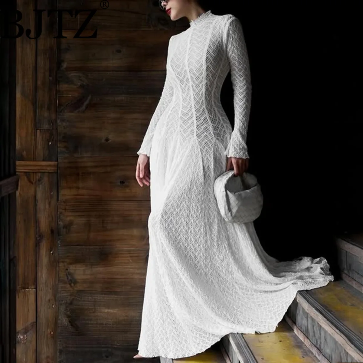 

BJTZ Women’s 2026 Spring Autumn Elegant Stand Collar Sheer Mesh Dress Long Sleeve A-line Luxe Chiffon Maxi High-End Flow