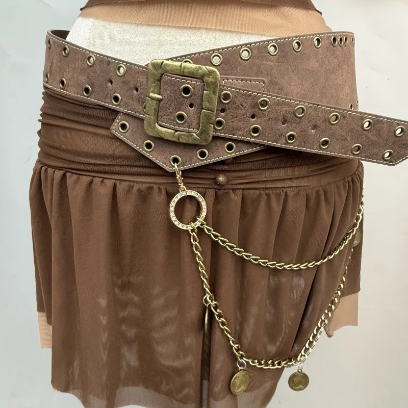 

Punk Matte Turtle Crackle Belt Brown Vintage Irregular With Chain Belt Nightclub Hottie Personalized Jeans Accessory Belt