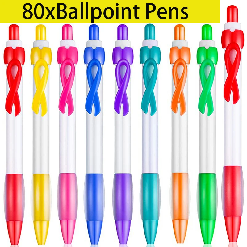 80Pcs Mental Health Awareness Pen Ribbon Theme Retractable Black Ink Ballpoint Pens for Public Events Charity Volunteers Gifts