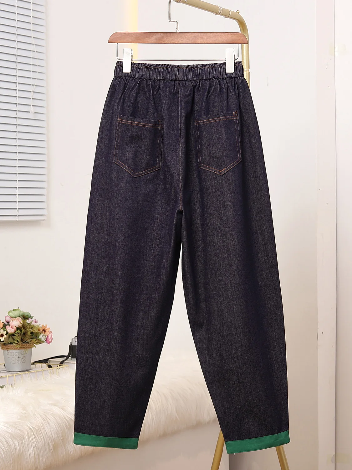 Cintura alta elástica solta pai jeans feminino casual perna reta algodão primavera novo sle nove pontos calças harmônicas