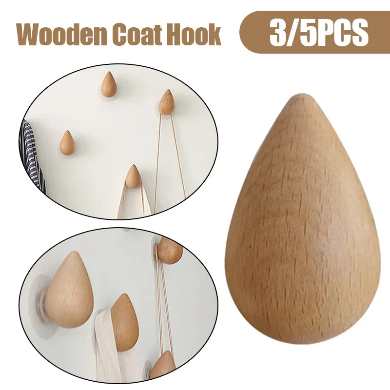 

3/5pcs Wall Mounted Coat Hook Natural Wood Clothes Hanger Decorative Key Holder Hat Scarf Handbag Storage Hanger Bathroom Rack