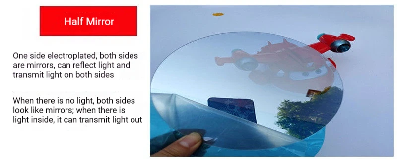 Acrylic mirror panels, acrylic half-lenses, infinity mirror lenses, single-lens tunnels, multi-layer mirrors, one-sided mirrors.