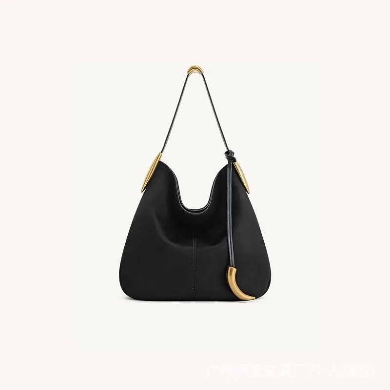 

JW PEI Luxury Hobo Tote Bag with Horn Metal Accents, Retro Suede Commuter Shoulder Bag, Large-Capacity Lazy-Style Underarm Bag