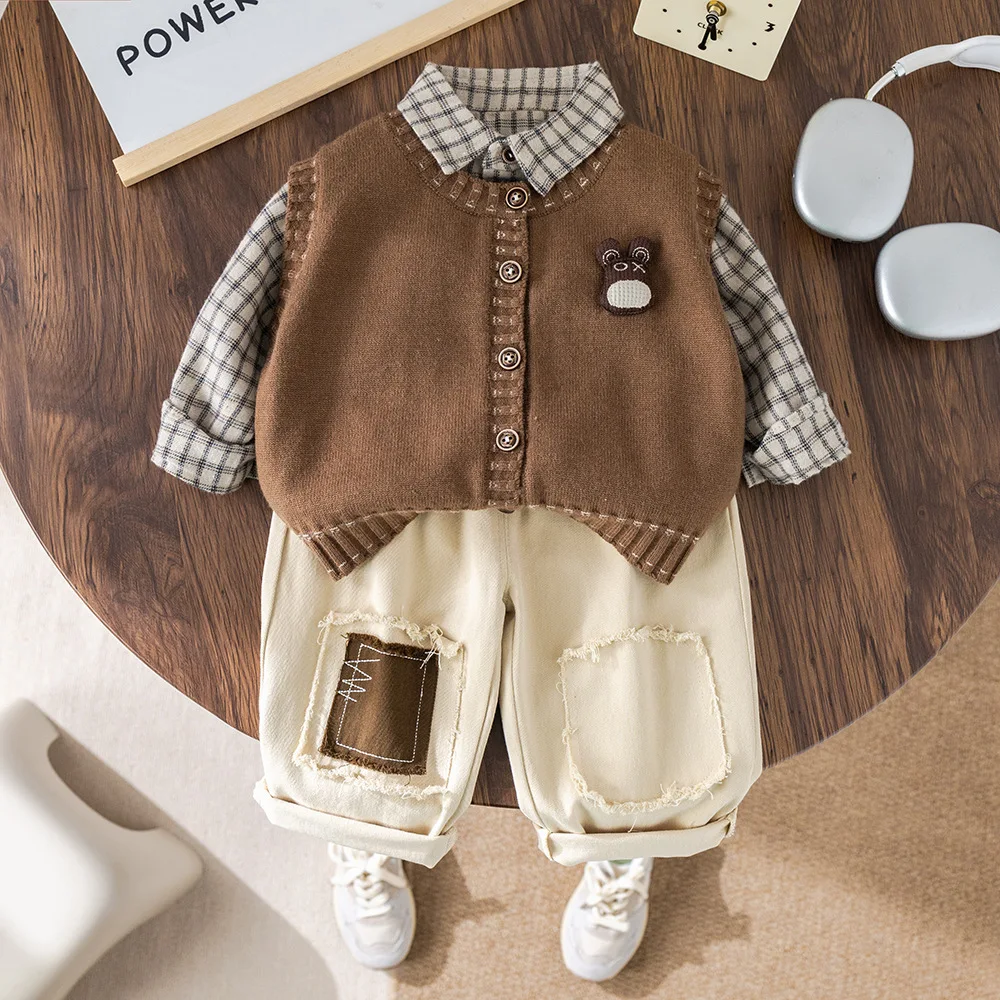 ‌Autumn Boys' Knitted Vest Set 3-Piece Outfit Long Sleeve Shirts Layering Essential Soft Cotton Toddler Kids Clothes Casual  123
