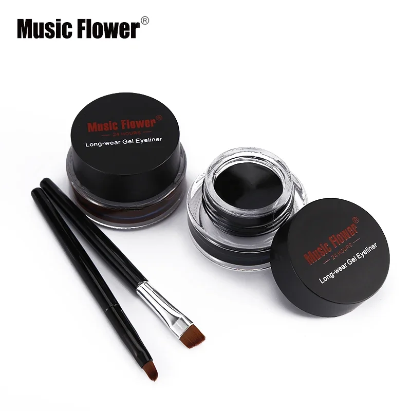 Music Flower 2 In1 Brown / Black Eyeliner Gel Cream trucco duraturo Set di cosmetici impermeabili a prova di sbavature Eye Liner + pennelli