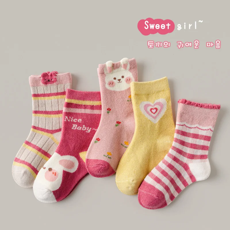 

Baby Bunny Socks 5 Pairs/bag Sweet Pattern Cartoon Socks 5 Colors Girls Socks Mid Calf Length Autumn Winter Cotton Socks