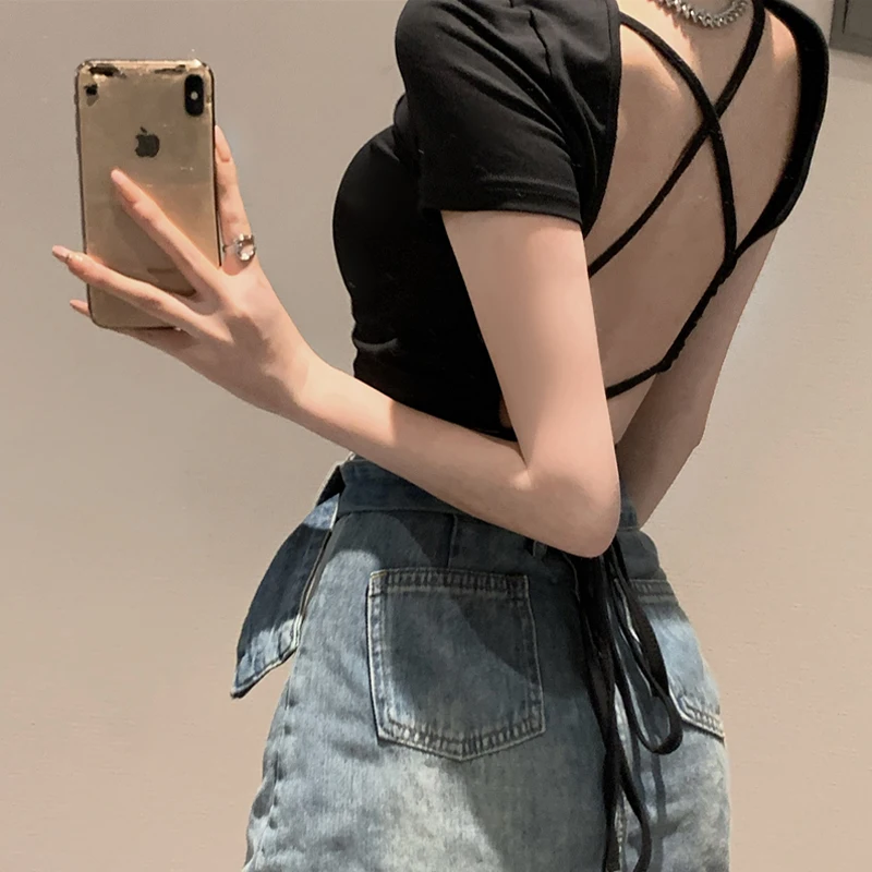 90s Summer Sexy Backless Tie Up Bandage Crop Top Women Short Sleeve Vest Tee Fashion Casual Hollow Out Slim Tank Top Y2K Clothes