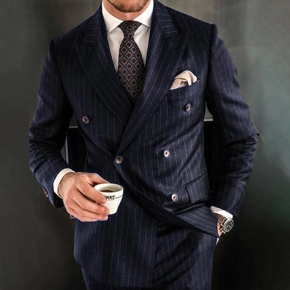 Trendy Navy Blue Striped Men Suit Peak Lapel Double Breasted Male Blazer with Pants Formal Casual Wedding  Slim 2 Pieces