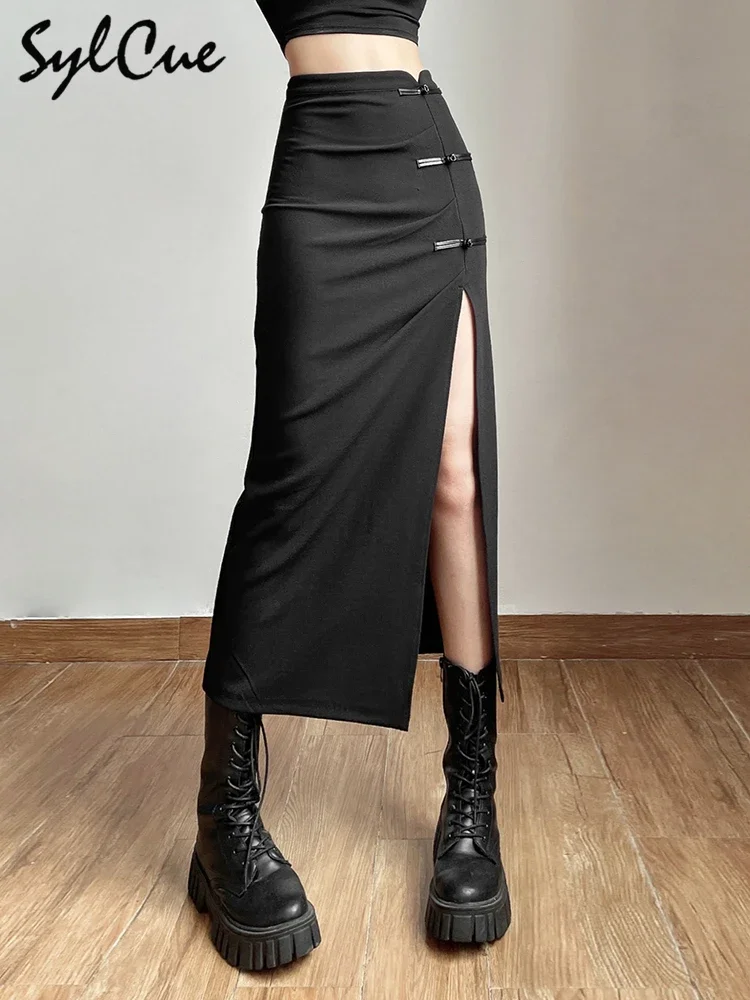 

Nibber Black Sexy Split Simple Casual All-Match Hot Street Outing Cool Mature Vitality Personality Trend Basic Women'S Skirt