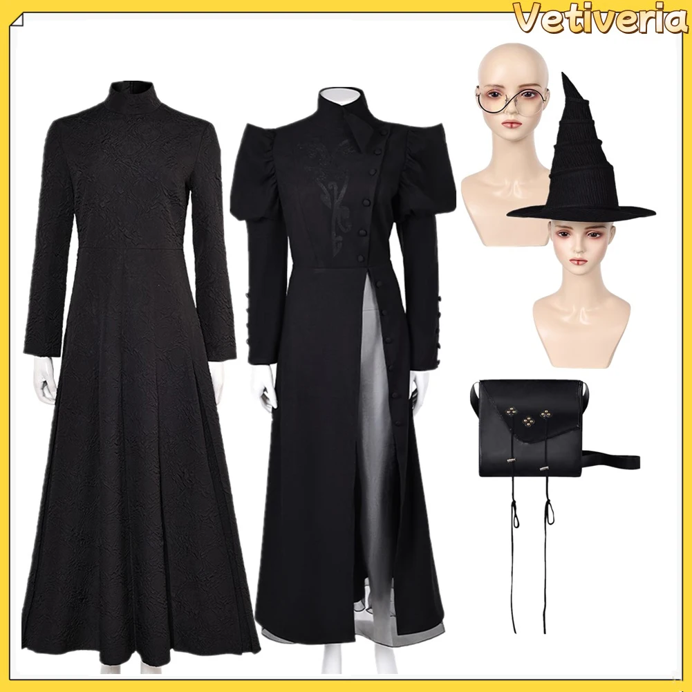 

Wicked Witch Elphaba Cosplay Costume Disguise Black Dress Hat Witch Roleplay Outfits For Women Halloween Carnival Accessories