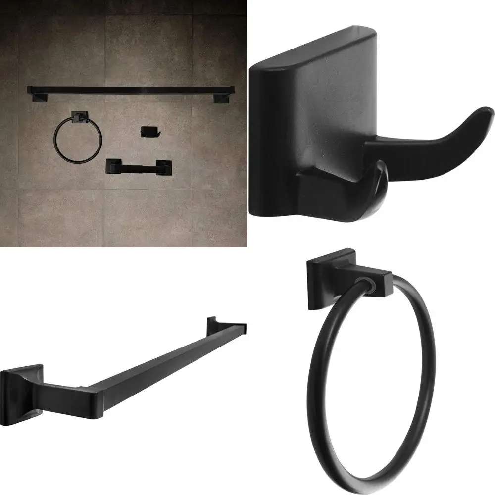 

Classic Bathroom Hardware Set, Matte Black Metal Wall-Mounted Accessories, Robe Hook, Toilet Paper Stand, Towel Ring, 24” Towel