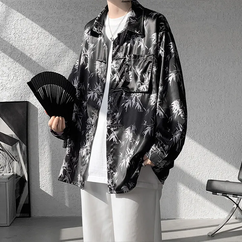 Ink Bamboo Print Long Sleeve Chinese Style Shirt Loose Fit Traditional Design for Men Versatile & Elegant Cultural Wear Clothing