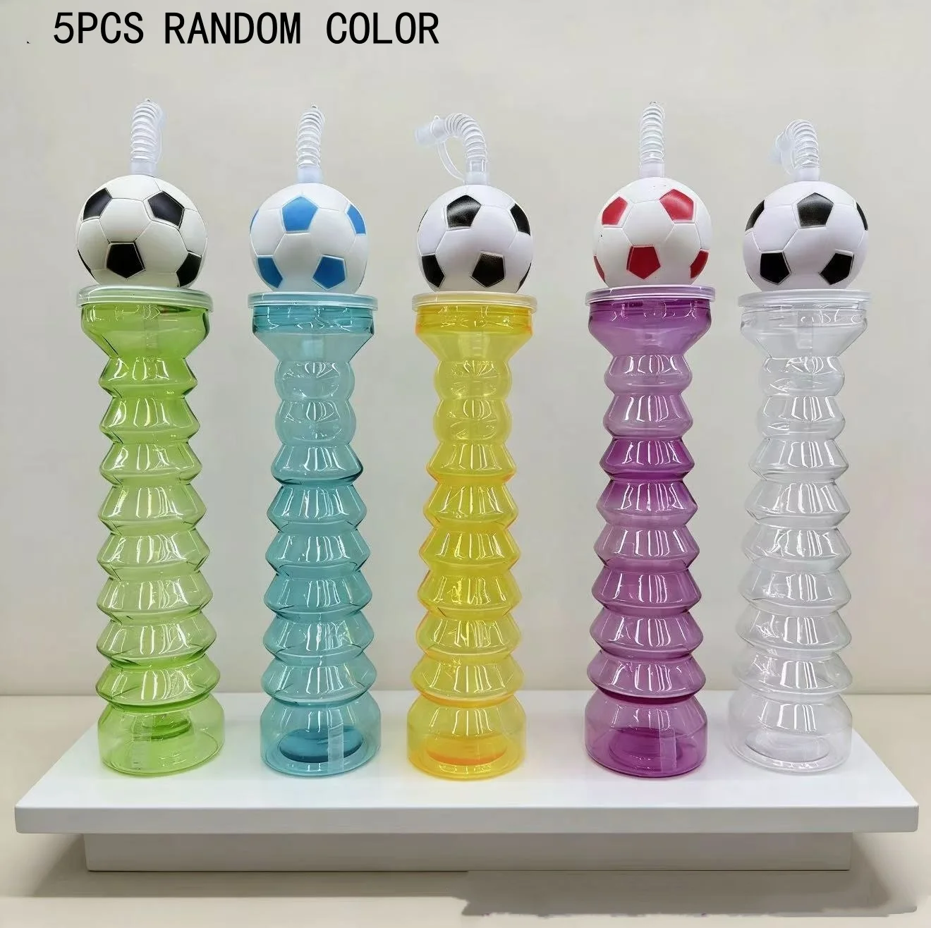 5Pcs Random Color Soccer Ball Water Bottle with Straw Plastic Football Drinking Cup for Kids Sports Party Favors