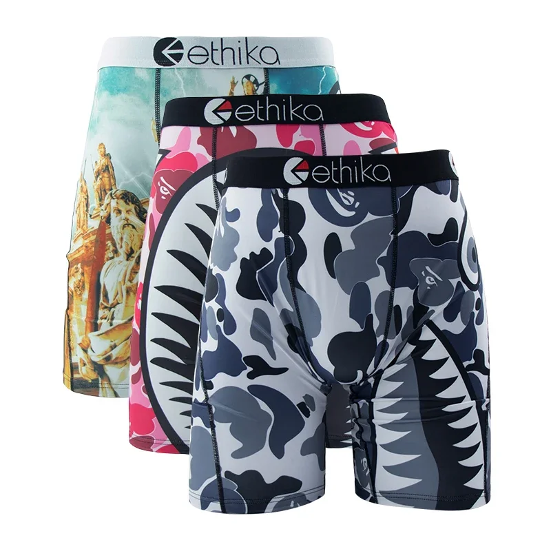 3Pcs ETHIKA Sexy Men Underwear Boxers Fashion Shark Print Underpants Breathable Panties Lingerie Plus Size Boxer Briefs Trunks