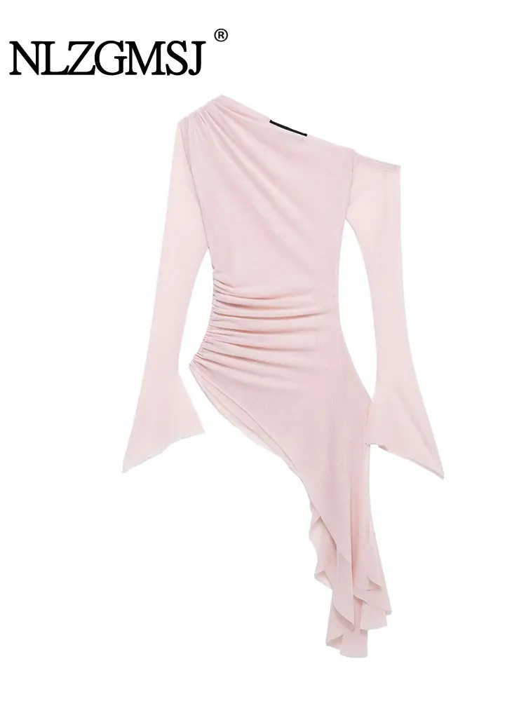 

NLZGMSJ 2025 Women's Asymmetrical Tops Off Shoulder Long Sleeve Tops Fashion Casual Elegant Pleated Knitwear Tops