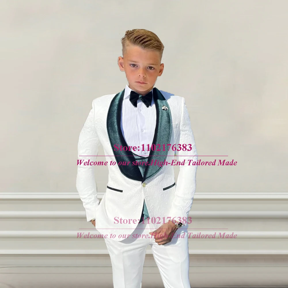 White Floral Boy's Suits For Wedding Party Dress Tailore-Made Kids 3 Pieces Jacquard Blazer Set Children Tuxedo Plus Size 2023