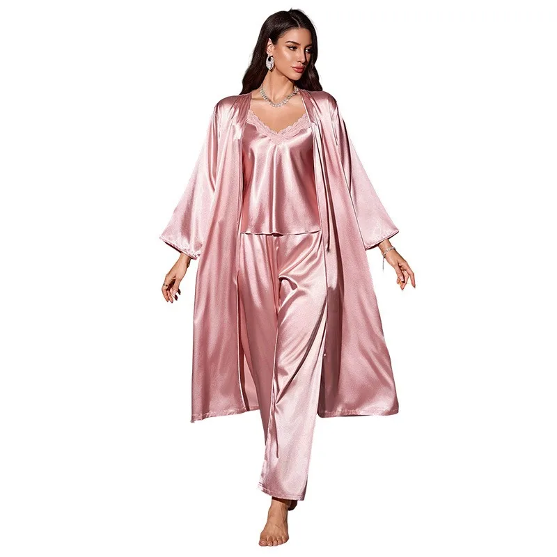 Sexy Lace Trim Satin Sleepwear Robe Strap Top Pants Lingerie Female 3PCS Pajamas Trouser Suit Loose Home Wear Loungewear