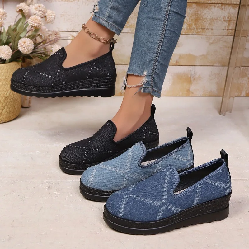

Thick-soled European and American Slope Single-leg Shoes for Spring/Autumn 2025, Large-sized Denim Loafers for Women，36-43