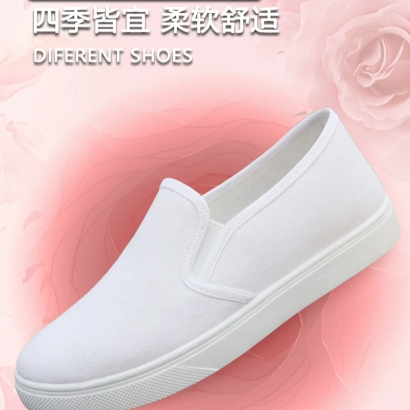 White Slip On Canvas Shoes Non Slip Flat Work Nurse Casual Sneakers Unisex view 3