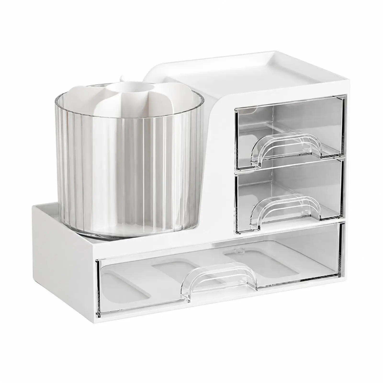 White Desk Storage Organizer with Drawers and Built in Handles Transparent Fronts for Quick Item Retrieval Office Use