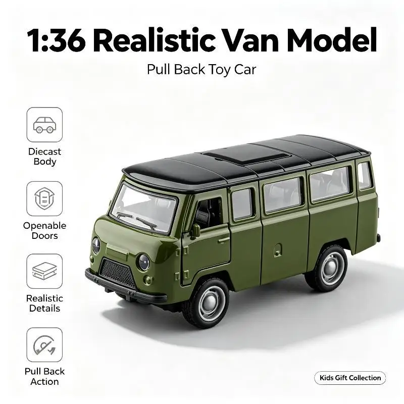 Antique Pull Back 1/36 Scale Van Toy Retro Three-Door Die-Cast Alloy Model for Family Parent-Child Interactive Play