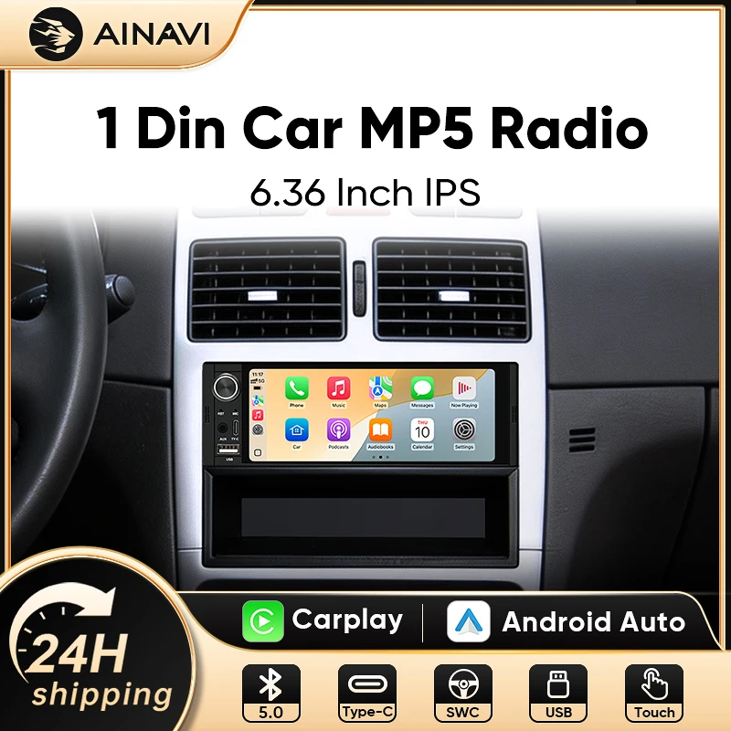 AINAVI 6,36 Zoll 1Din Carplay Android Auto Touchscreen MP5 mit Bluetooth Stereo USB-Ladefunktion Autoradio Video-Multimedia-Player