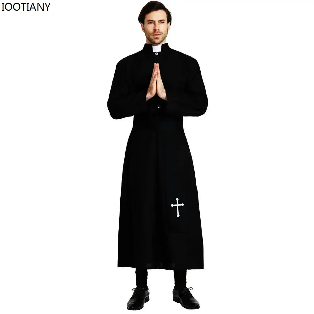 Cosplay hommes pasteur religieux père Costumes adulte noir Noble prêtre Costume Halloween pourim fête Mardi Gras déguisement