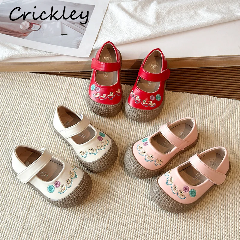 Duck Embroidery Children Casual Shoes Cartoon PU Leather Toddler Girls Flats Shoes Anti Slip Soft Bottom Kids Sneakers