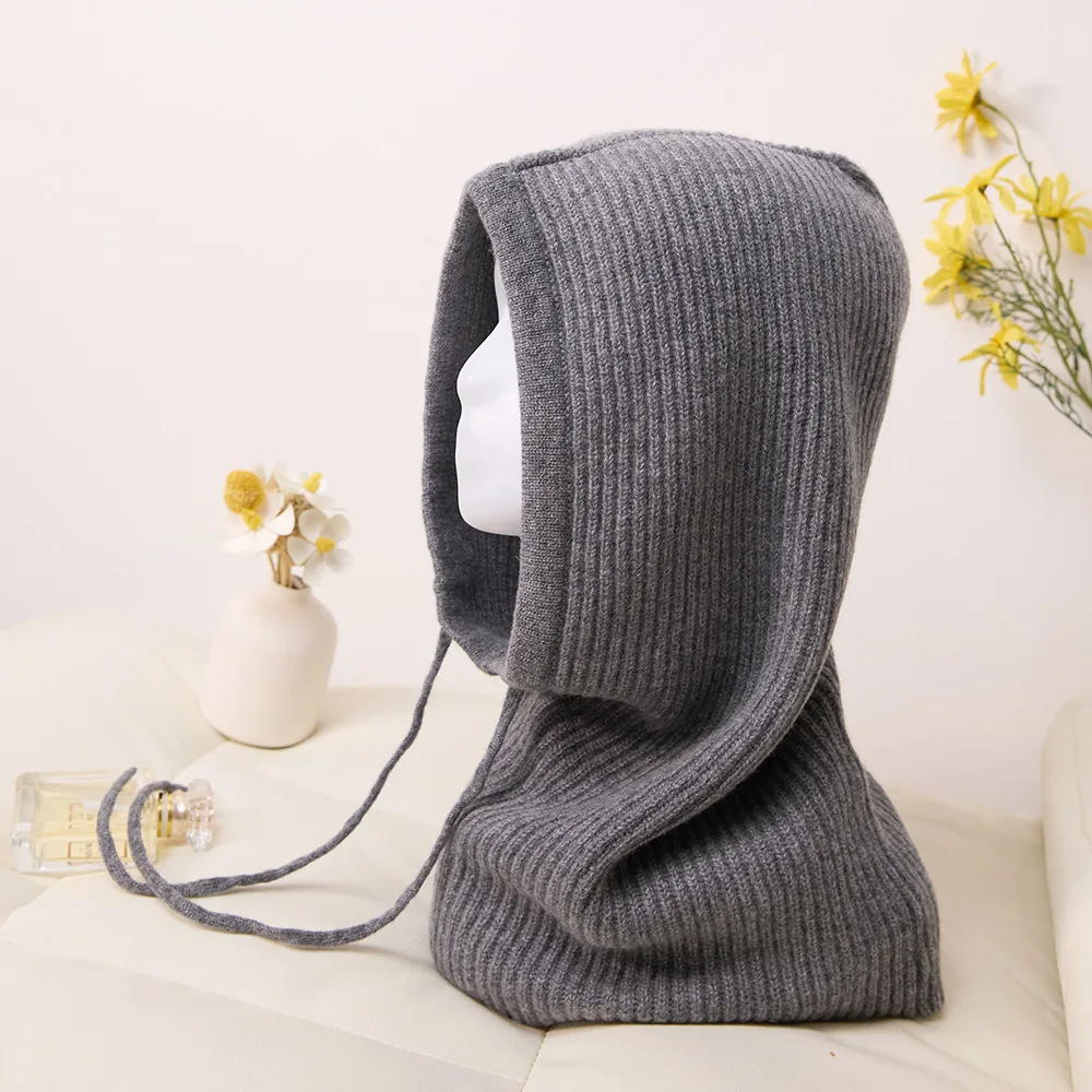 Knit Cashmere Balaclava Hoodie Hat Women Men Winter Hats