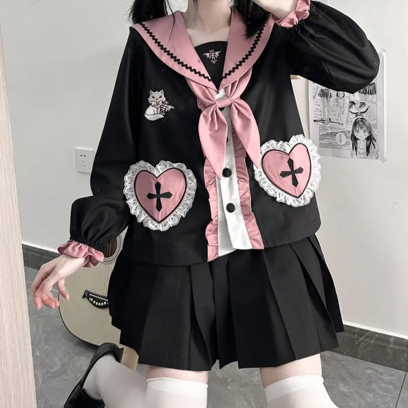 

Japanese Harajuku School Uniforms Cat Print Jk Sailor Suits Girls New Set Pleated Skirt Women Kawaii Fuku Anime Cos Costumes