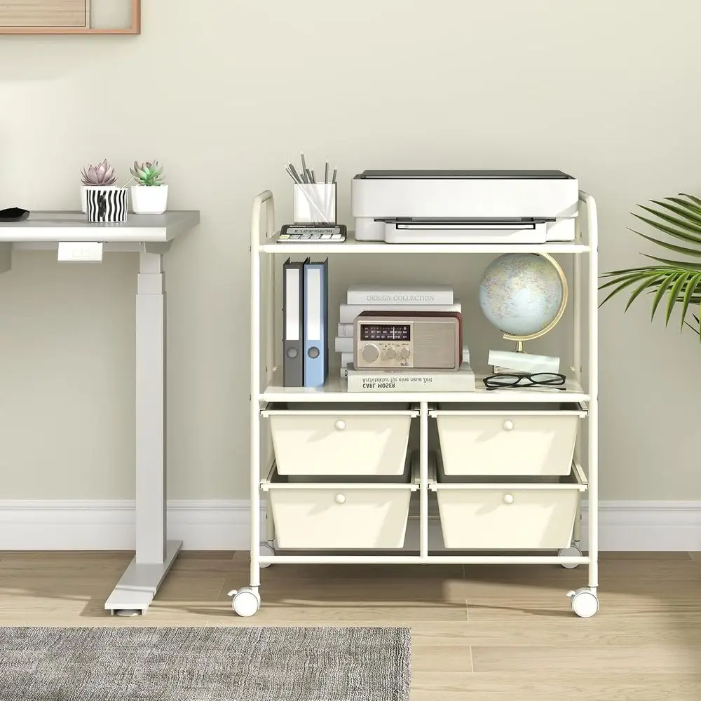 4-Tier Metal Utility Cart with Wheels, Ivory, Ideal for Home, Office, School, and Beauty Storage