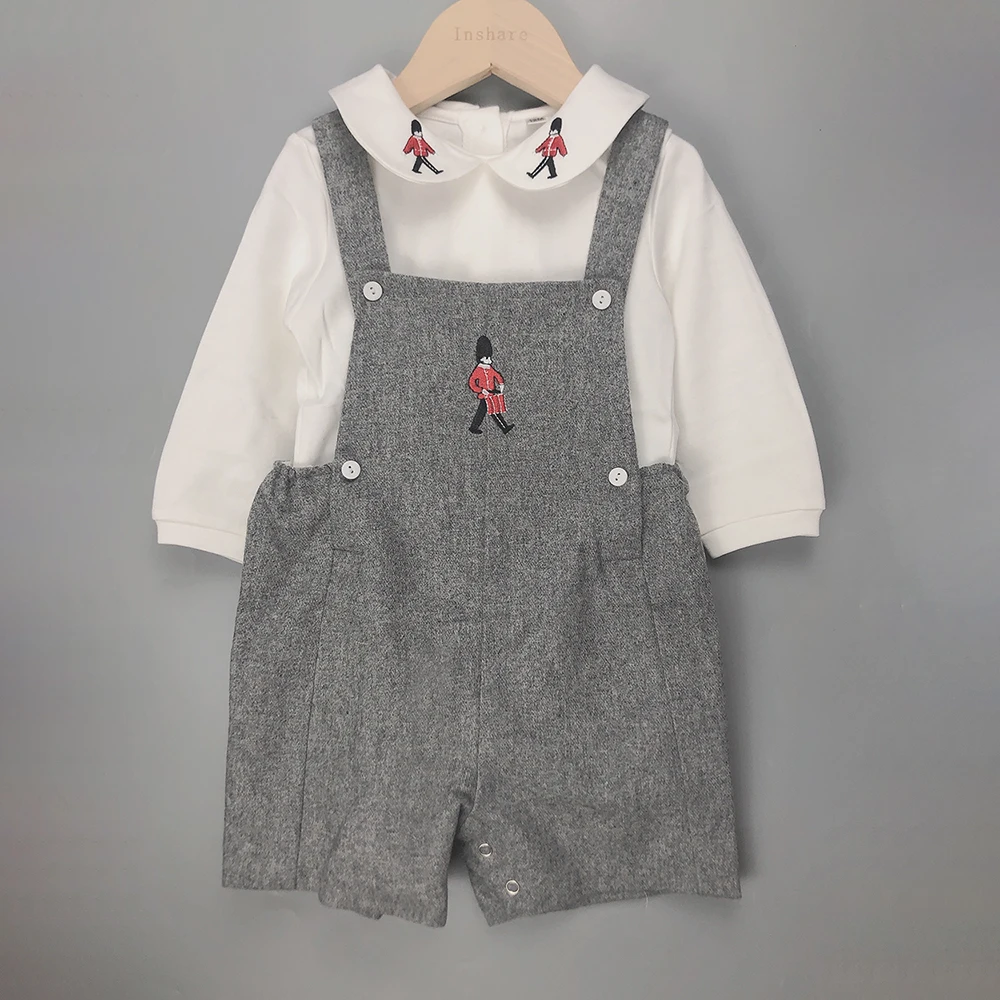 2pcs Children Boutique Clothing Set Baby Boy Cotton Suit Soldier Embroidered Wool Blend Overalls Toddler Boy Outfit British