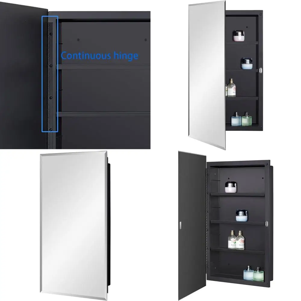 

Зеркальный медицинский шкафчик 16x28 дюймов с фаской, черный пластик, варианты встраиваемого и накладного монтажа для ванной комнаты