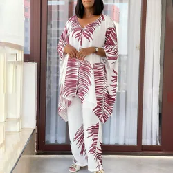 New Women's Suit V-neck Printed Bat Sleeves Fashionable Loose Irregular Top Wide Leg Pants Suit Elegant Temperament Commuting