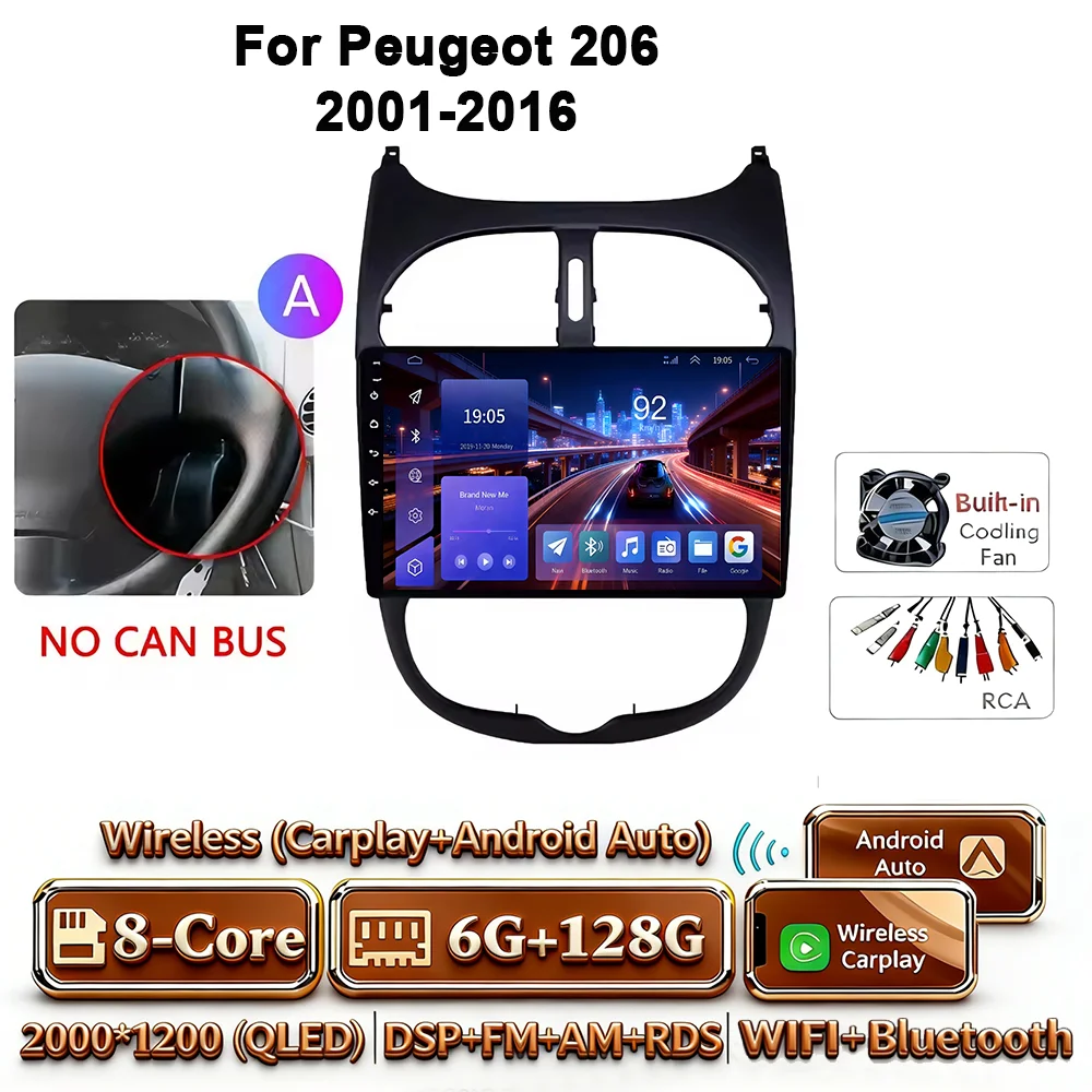 Android 17 Carplay Android Auto 4G WIFI autoradio voor Peugeot 206 2001-2016 GPS DSP BT touchscreen multimediasysteem navigatie stereo