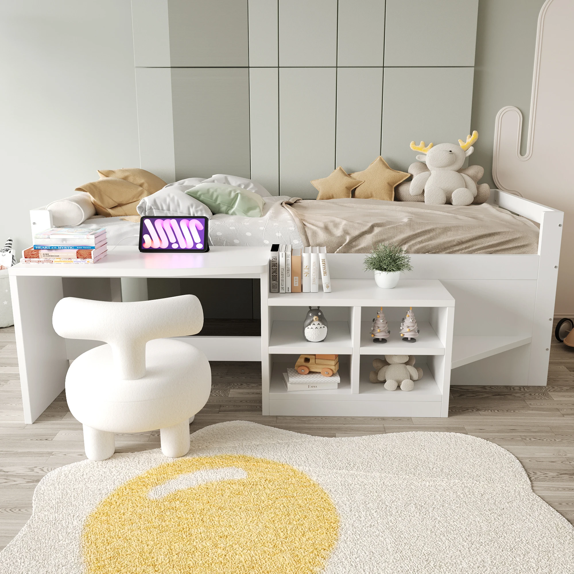 KOMHTOM Weißes Kinderholzeinzelbett 90x200 cm mit Staufächern und Schreibtisch mit nach europäischer Norm konformen Steckdosen
