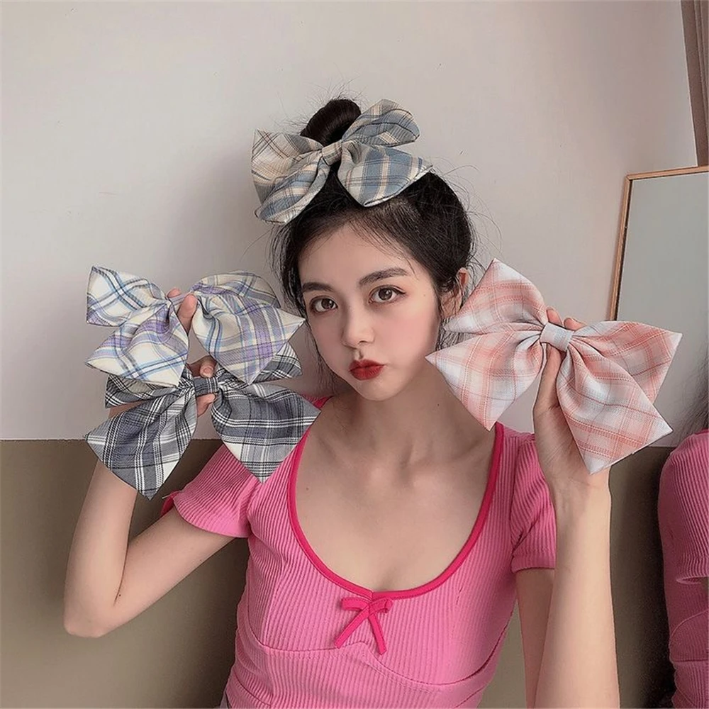 New Oversize Bow Hair Clip For Girls Plaid Fabric Hairpin Sweet Women Barrette Hair Accessories