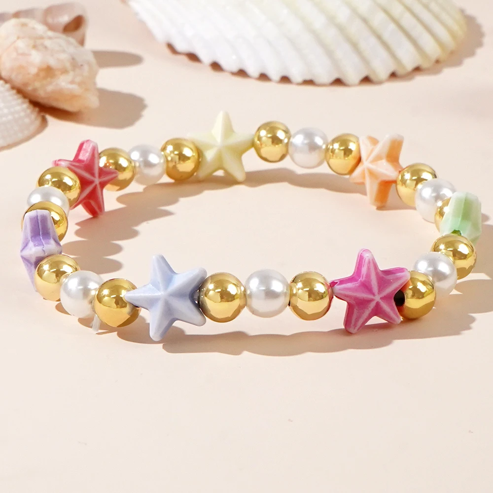 1 random star color women's fashion bracelet acrylic pentagram 6mm imitation pearl Bohemian jewelry daily vacation gift