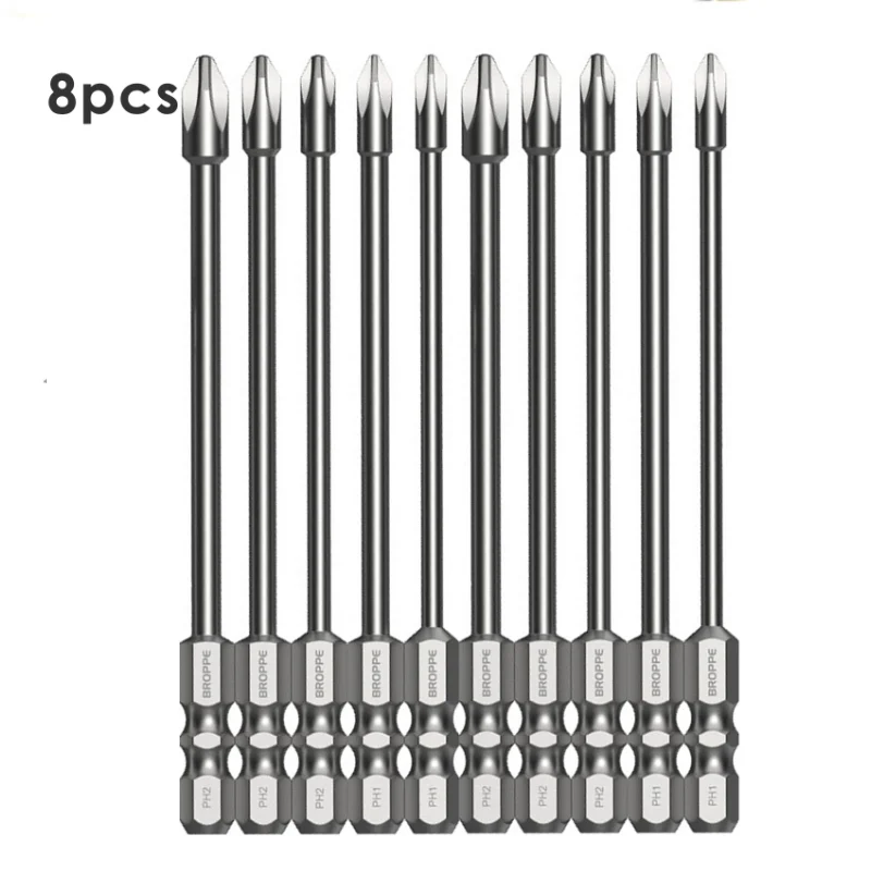 8Pcs Impact Tough Phillips Head Screwdriver Bits S2 Steel 100mm Torque Electric Screwdriver Bits Magnetic Cross Head Drill Bits