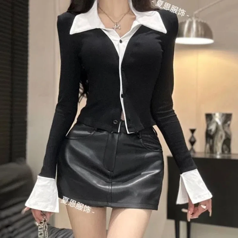 Spring Autumn New Contrast Fake Two Pieces Slim Korean T Shirts Long Sleeve Youth Sexy Short Tops Fashion Y2K Women Clothing