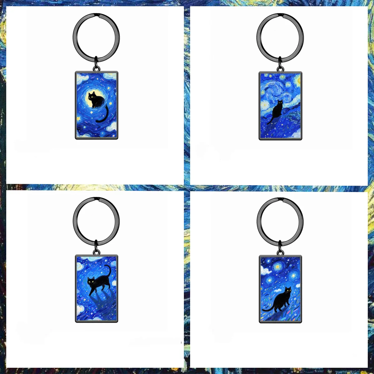

Starry Night Black Cat Rectangle Pendant Keychain Stainless Steel Animal Keyring Car Bag Decoration Accessory for Women Kid Gift