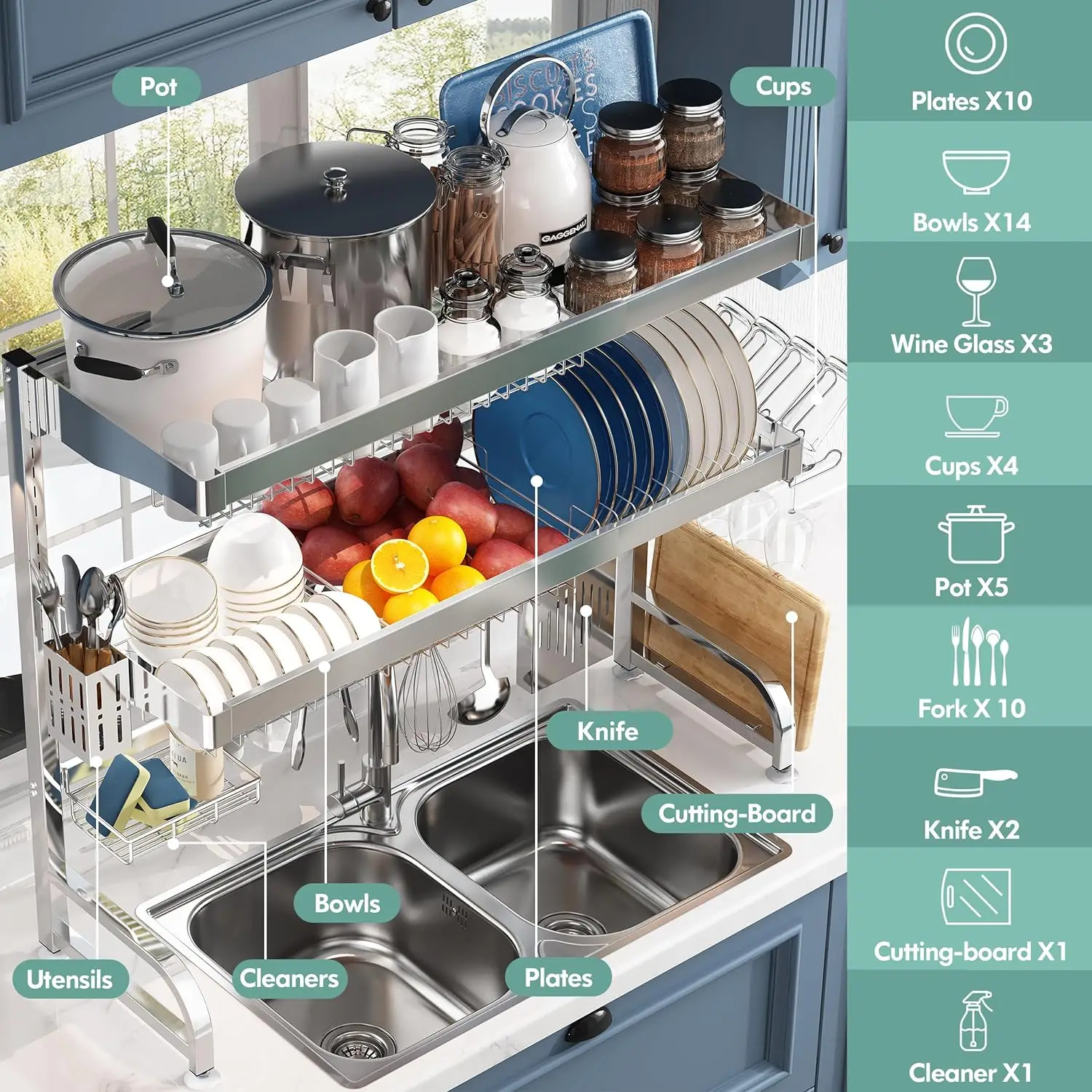 

Over Sink Dish Drainer Drying Rack, 3-Tier 304 Stainless Steel Large Dish Racks for Kitchen Counter,Above Sink Organizer,