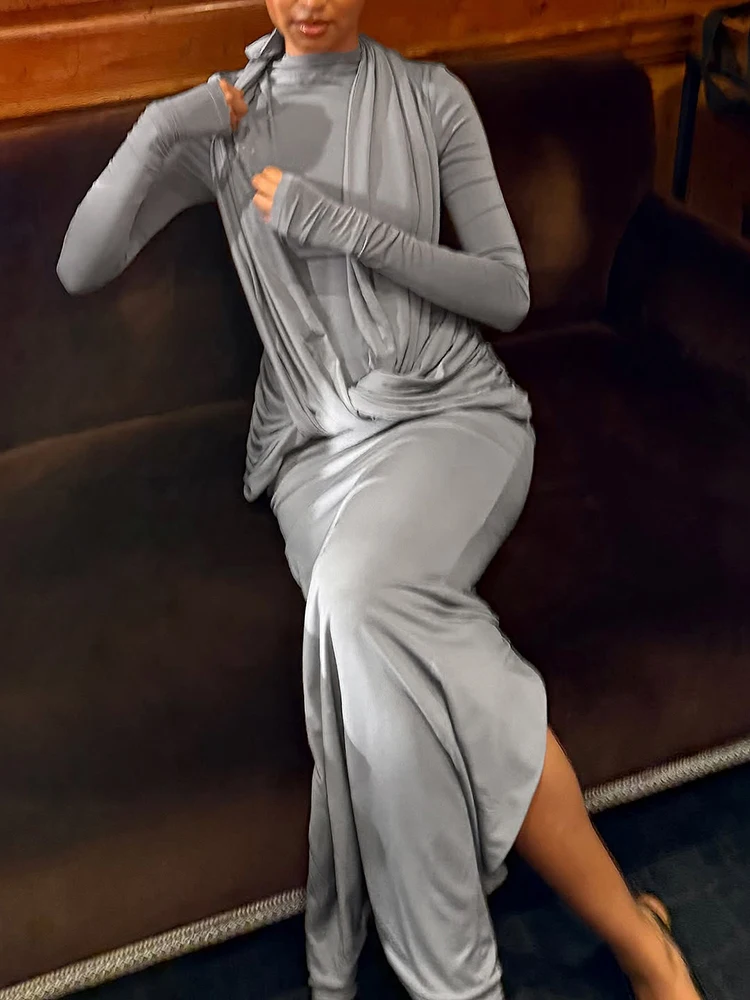 Weird Puss Elegant Bandage Dress Women Halter Ruched Patchwork Half High Collar Peach Hip Simple Stretch Skinny Slit Bodycon